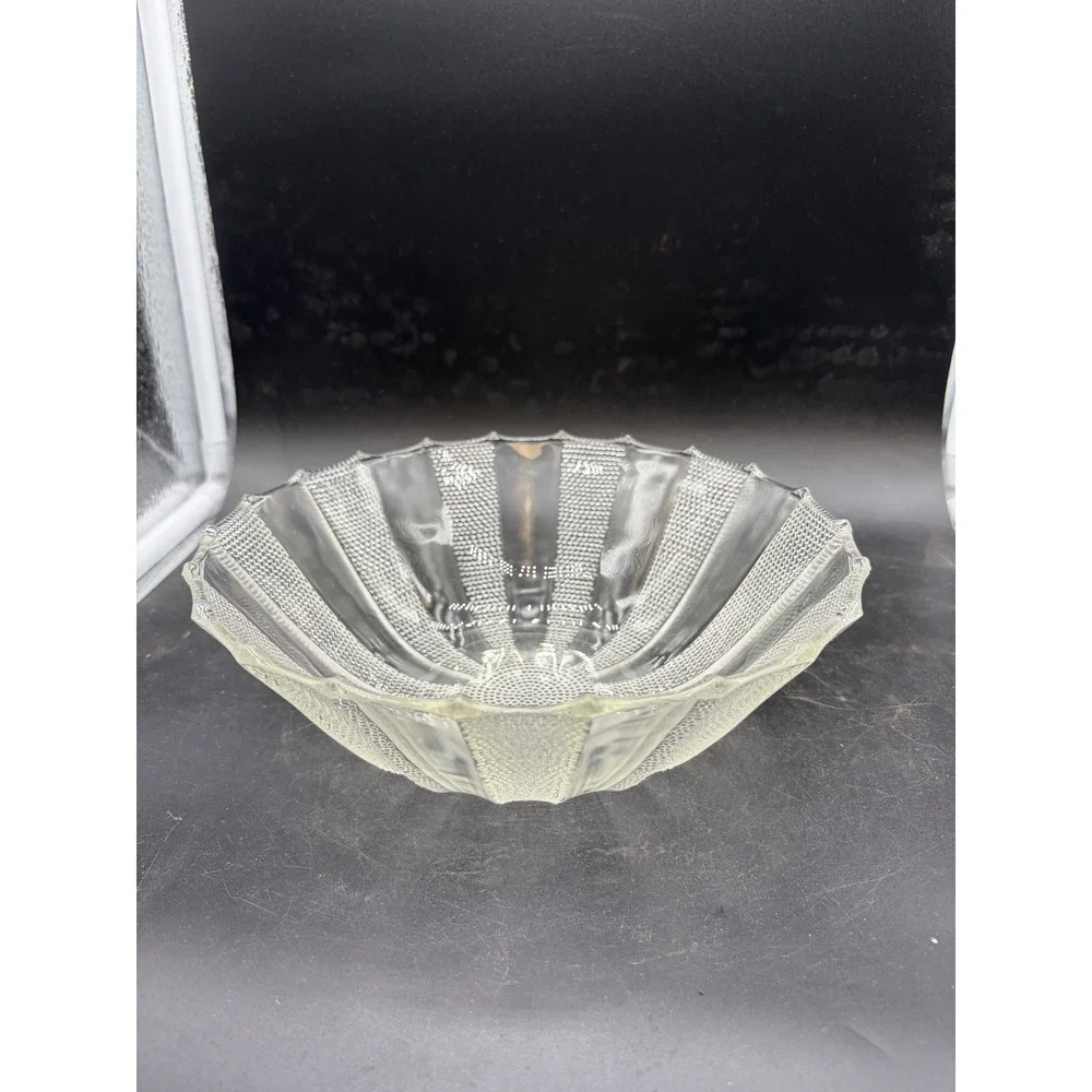 Vintage Clear Glass Scalloped Bowl Textured Stippled Stripe‎ Sunburst 8.5 Inch